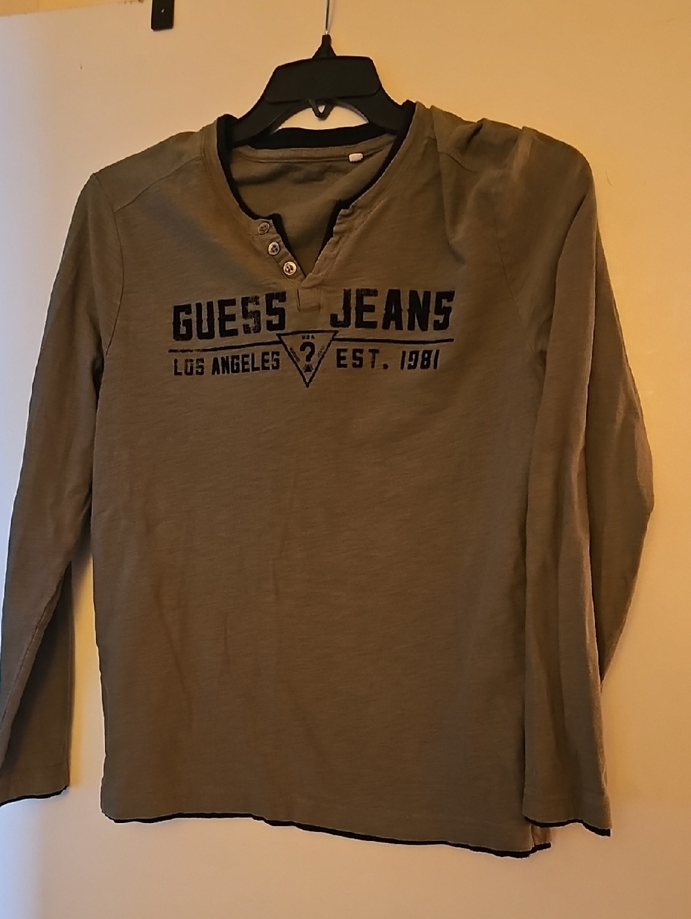 Guess Olive Green Long Sleeve Henley Crewneck Sweater with Navy Logo